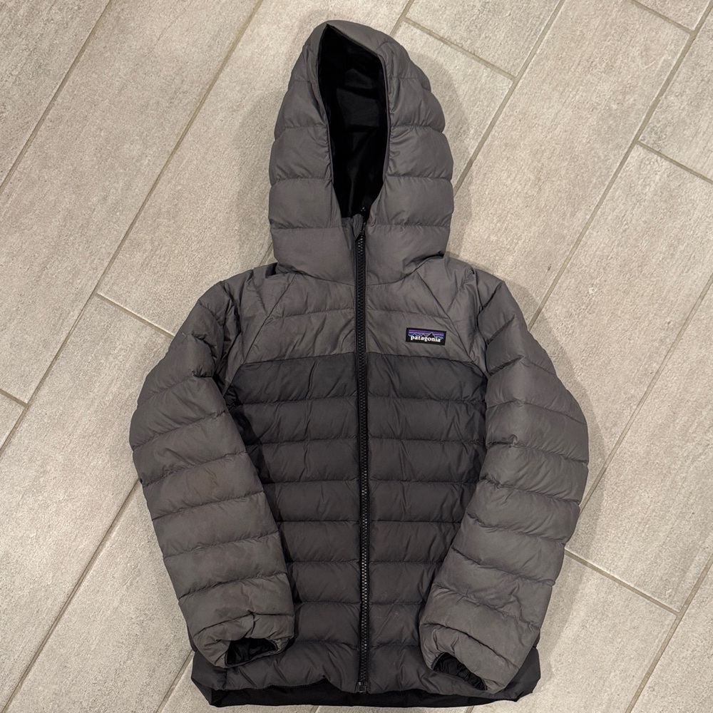 Kids Patagonia Charcoal Hooded Puffer Jacket